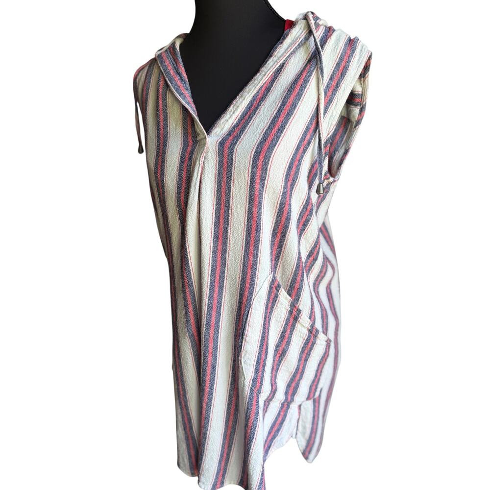ForCynthia Beachwear Linen Blend Striped Hooded Cover Up Tunic Small